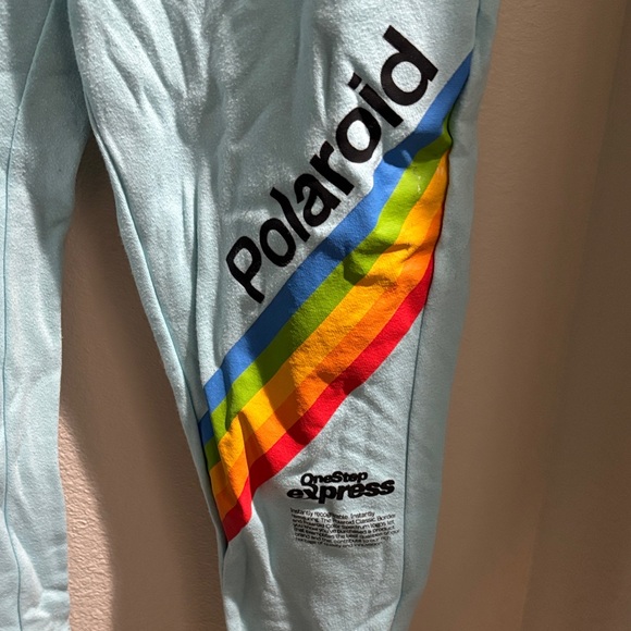 Polaroid Pants - Vintage Polaroid Light Blue Sweatpants with Rainbow Stripes XL